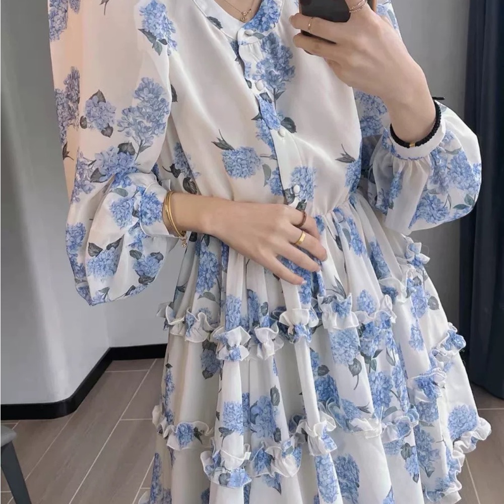 Blue Hydrangea open back chiffon dress